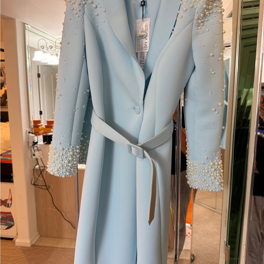 Badgley Mischka Light Blue Midi Dress with Pearl Embellishments